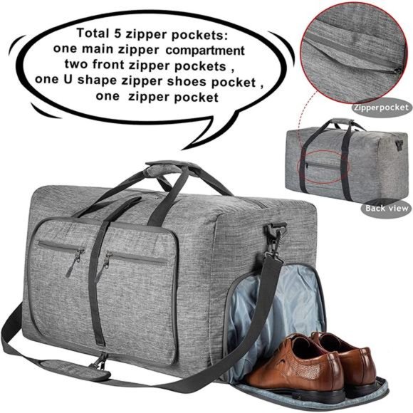 Travel Duffle Bag for Men 65L Foldable Travel Duffel Bag with Shoes Compartment - Picture 6 of 6